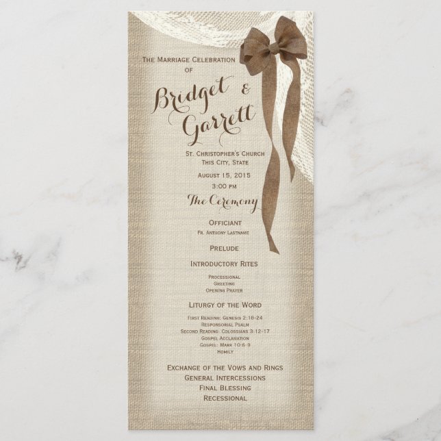 Burlap Bow and Lace Wedding Program (Front)
