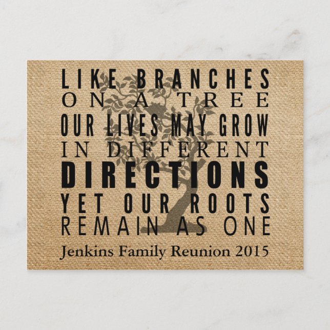 Burlap Branches Tree Family Reunion Invitation Postcard (Front)