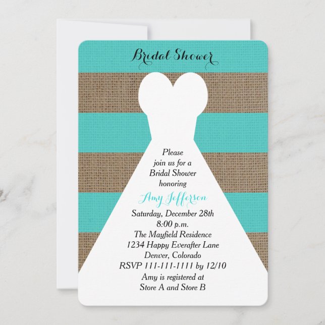 Burlap Bridal Shower Invitations - Turquoise (Front)
