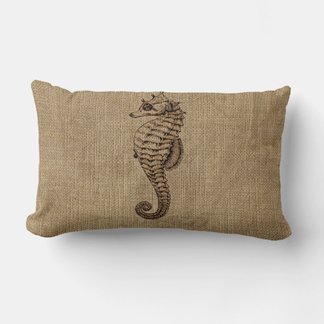 Burlap Bronze Seahorse Illustration Sealife Design Lumbar Cushion (Front)
