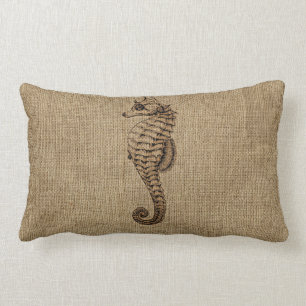 Burlap Bronze Seahorse Illustration Sealife Design Lumbar Cushion