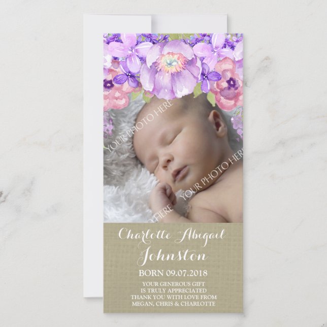 Burlap Brown Purple Flowers Thank You Shower (Front)