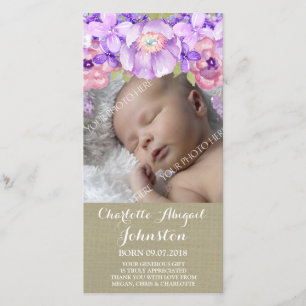 Burlap Brown Purple Flowers Thank You Shower Card