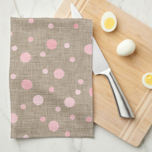 BURLAP BROWN WITH SHADES OF PINK POLKA DOTS TEA TOWEL