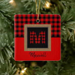 Burlap Buffalo Plaid Red Black Monogram Name Ceramic Ornament