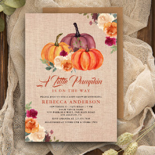 Burlap Burnt Orange Floral Pumpkin Baby Shower Invitation