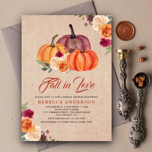 Burlap Burnt Orange Floral Pumpkin Bridal Shower Invitation (Creator Uploaded)