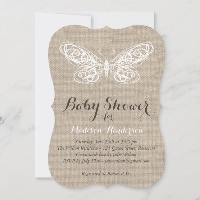 Burlap Butterfly Baby Shower Invitation (Front)