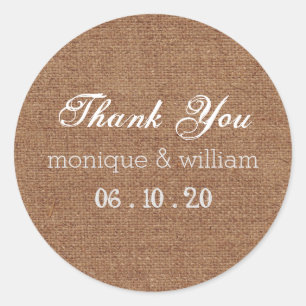 Burlap Chalk Flourish Wedding Thank You Classic Round Sticker