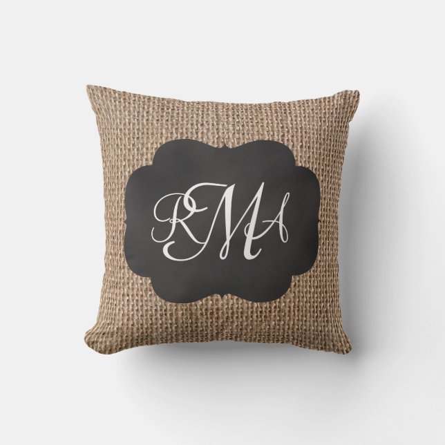 Burlap Chalkboard Look Triple Monogrammed Script Cushion (Front)
