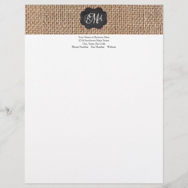 Burlap Chalkboard Look Triple Monogrammed Script Customised Letterhead (Front)