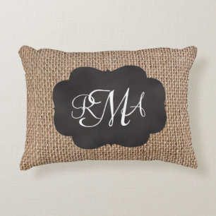 Burlap Chalkboard Look Triple Monogrammed Script Decorative Cushion