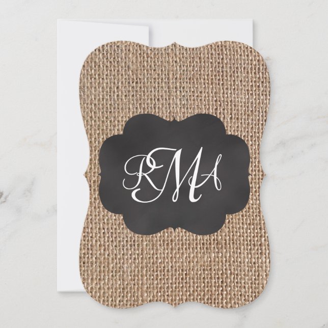 Burlap Chalkboard Look Triple Monogrammed Script Invitation (Front)