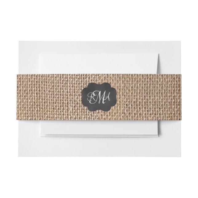 Burlap Chalkboard Look Triple Monogrammed Script Invitation Belly Band (Front Example)