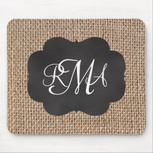 Burlap Chalkboard Look Triple Monogrammed Script Mouse Pad