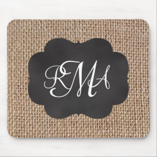 Burlap Chalkboard Look Triple Monogrammed Script Mouse Pad