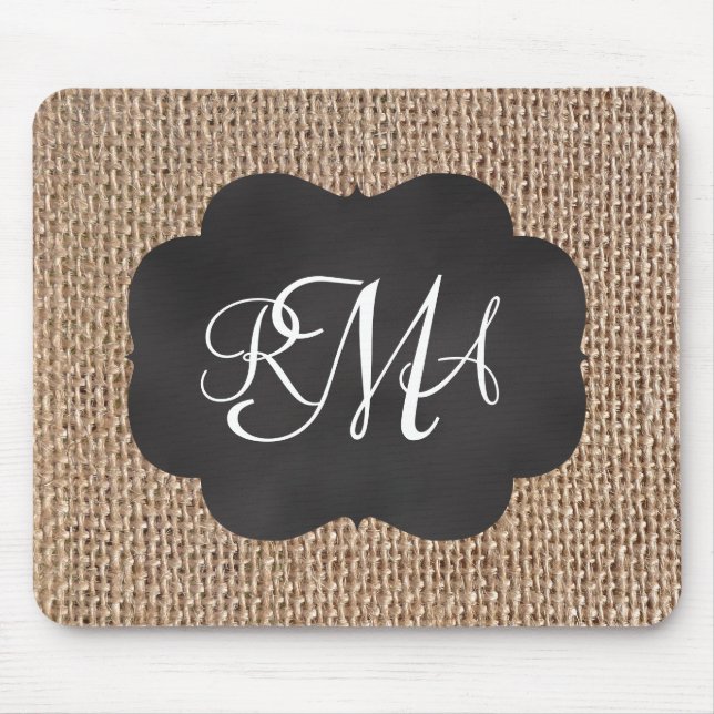 Burlap Chalkboard Look Triple Monogrammed Script Mouse Pad (Front)