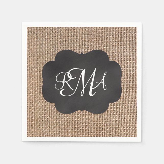 Burlap Chalkboard Look Triple Monogrammed Script Napkin (Front)