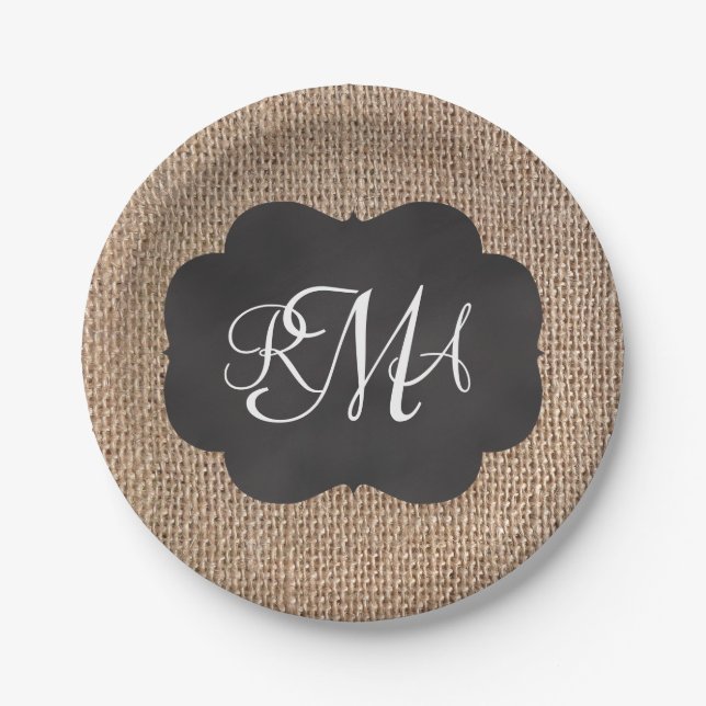 Burlap Chalkboard Look Triple Monogrammed Script Paper Plate (Front)