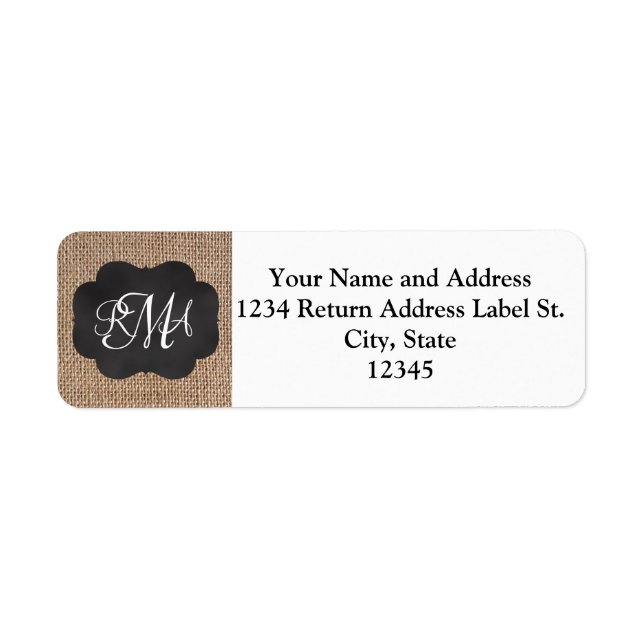 Burlap Chalkboard Look Triple Monogrammed Script Return Address Label (Front)