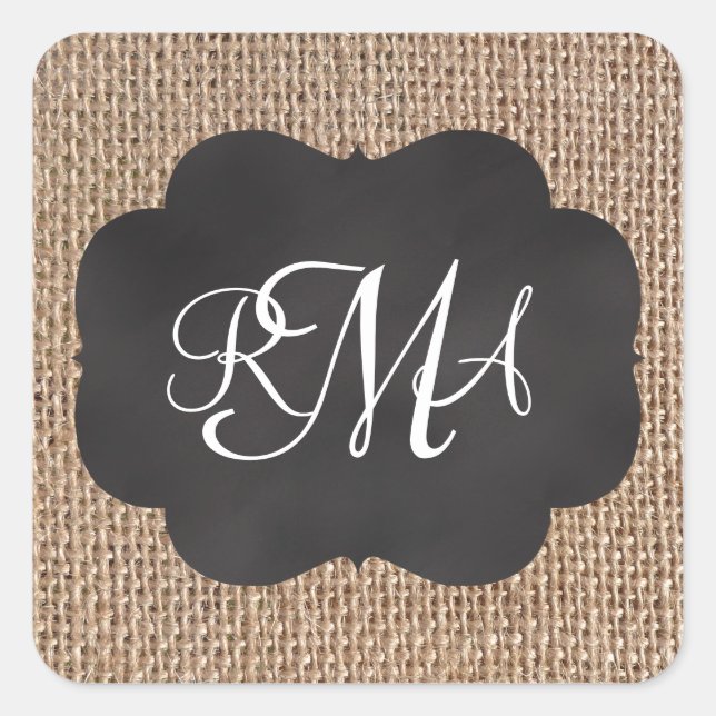 Burlap Chalkboard Look Triple Monogrammed Script Square Sticker (Front)