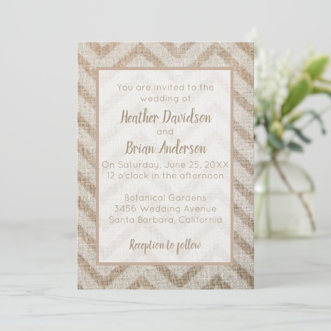 Burlap Chevron Wedding Invitation (Standing Front)