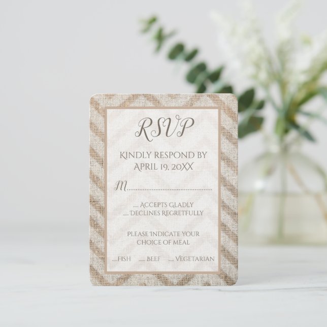 Burlap Chevron Wedding RSVP Card (Standing Front)
