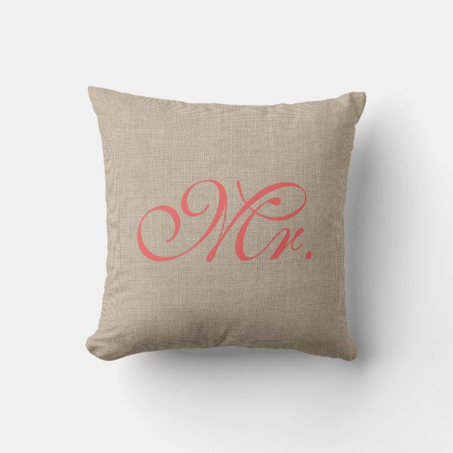 Burlap & Coral Mr. Pillow (Front)