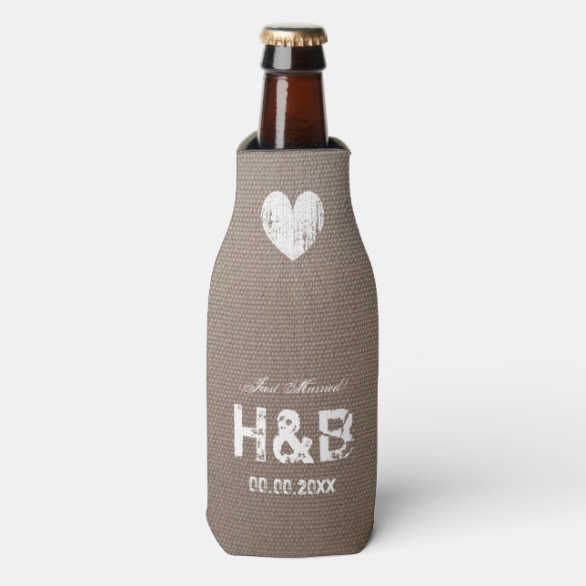 Burlap country chic monogram wedding bottle cooler (Bottle Front)