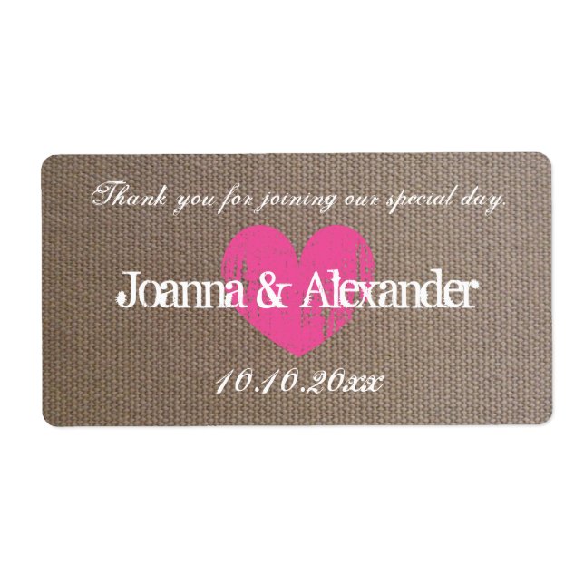 Burlap country chic wedding water bottle labels (Front)