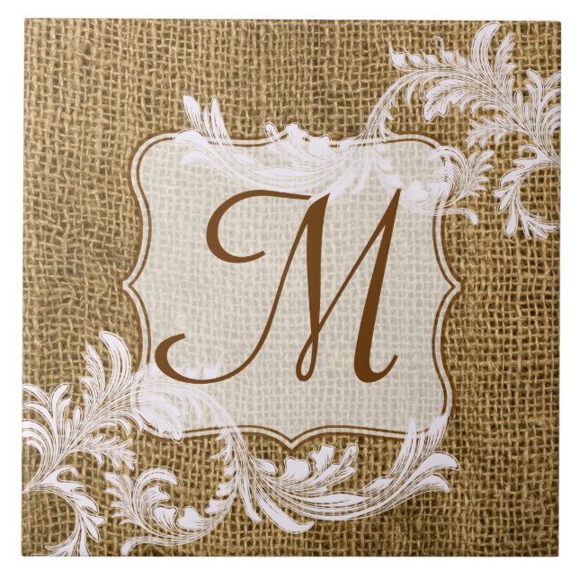 Burlap Country Lace Applique Monogram Display Tile (Front)