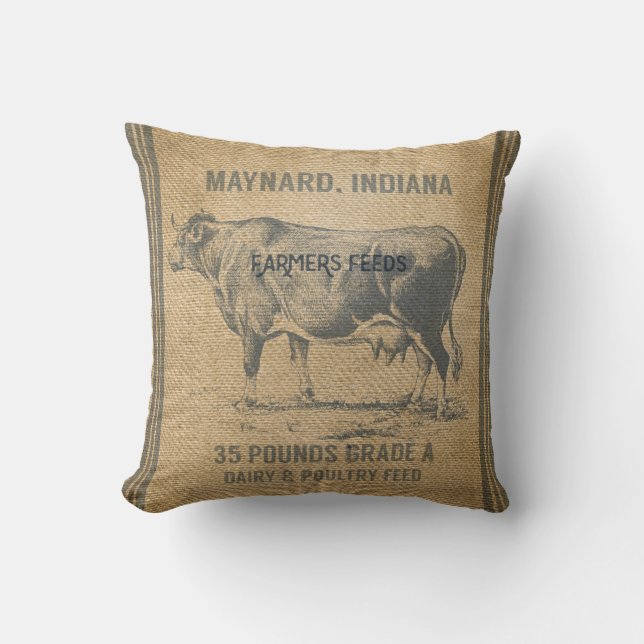 burlap cow feed sack cushion (Front)