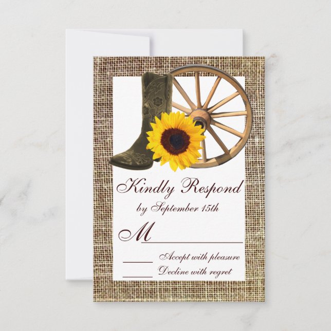 Burlap Cowboy Boots Wagon Wheel Sunflower RSVP (Front)