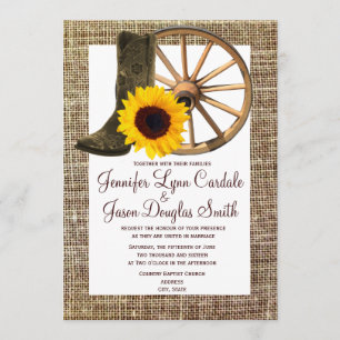 Burlap Cowboy Boots Wagon Wheel Sunflower Wedding Invitation