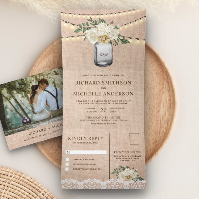 Burlap Cream Floral Mason Jar String Light Wedding Tri-Fold Invitation (Creator Uploaded)