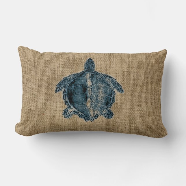 Burlap Creatures Illustration Blue Turtle Design Lumbar Cushion (Front)