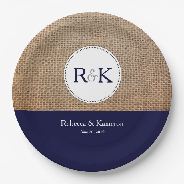 Burlap & Dark Blue Personalised Wedding Paper Plate (Front)