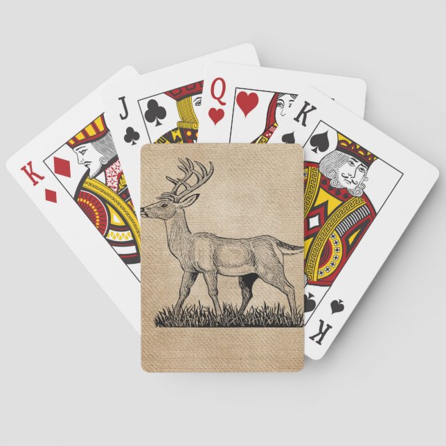Burlap Deer Buck Horns Rustic  Background Playing Cards (Back)