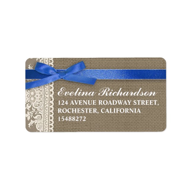 burlap design white lace blue ribbon addresslabels label (Front)