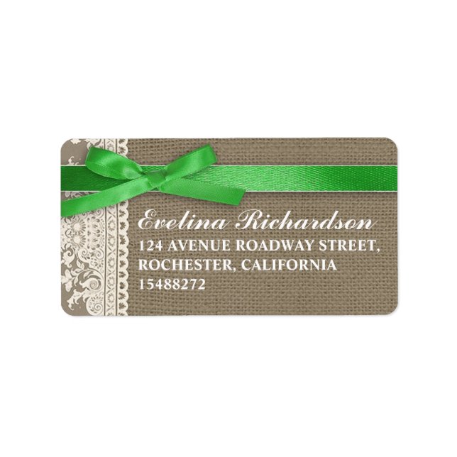 burlap design white lace green bow address label (Front)