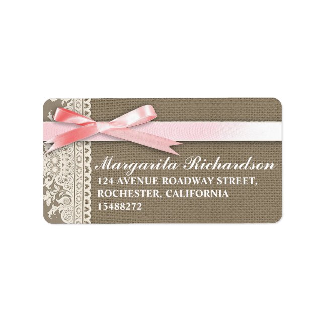 burlap design white lace pink bow address label (Front)