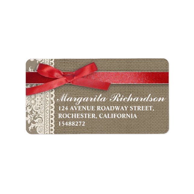 burlap design white lace red bow address label (Front)