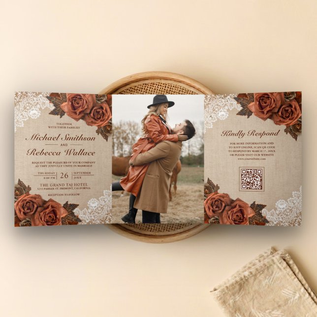 Burlap Dusty Terracotta Rose QR Code Wedding Tri-Fold Invitation (Creator Uploaded)
