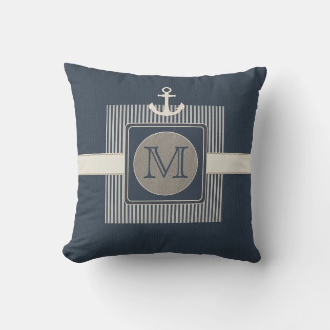 Burlap Effect Nautical Ship's Anchor Initial Outdoor Cushion (Front)