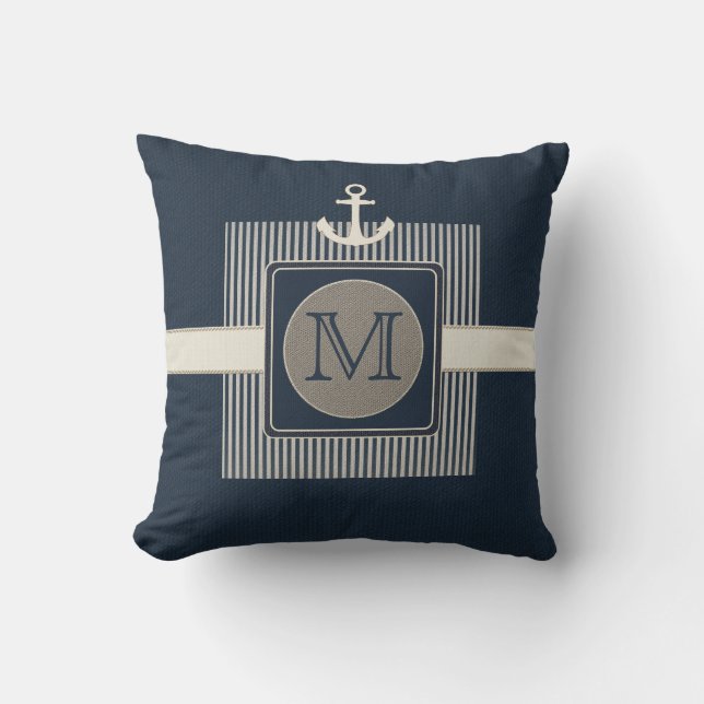Burlap Effect Nautical Ship's Anchor Monogram Cushion (Front)