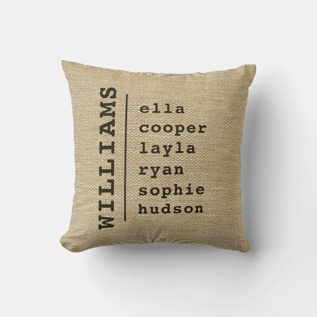 Burlap FAMILY NAME CHILDREN NAMES Kids Script Cushion (Front)