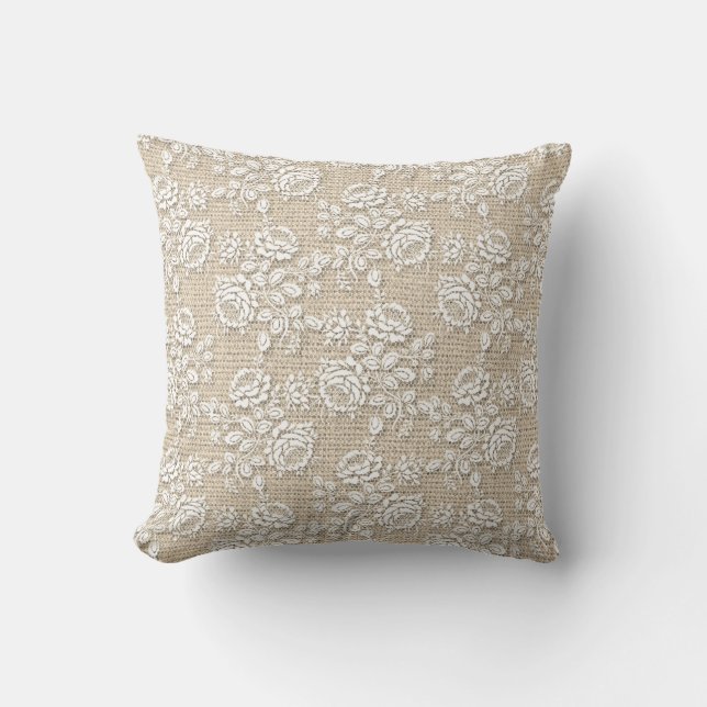 Burlap Floral Print Rustic Throw Pillow (Front)