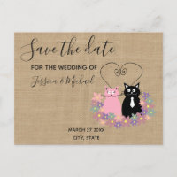 Burlap funny cute cartoon cats save the date
