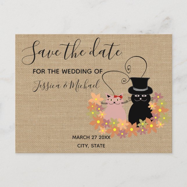 Burlap funny cute  cartoon cats save the date announcement postcard (Front)