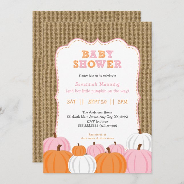 Burlap Girl Orange Pumpkin baby shower invitation (Front/Back)